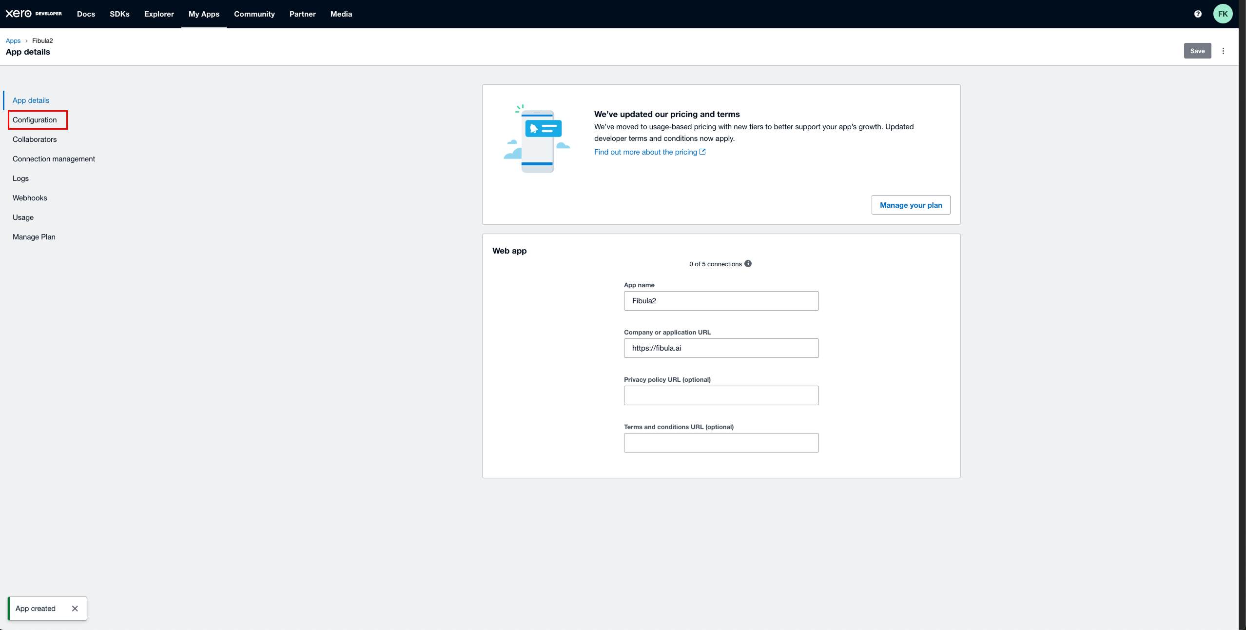 The Xero app dashboard with the Configuration tab selected